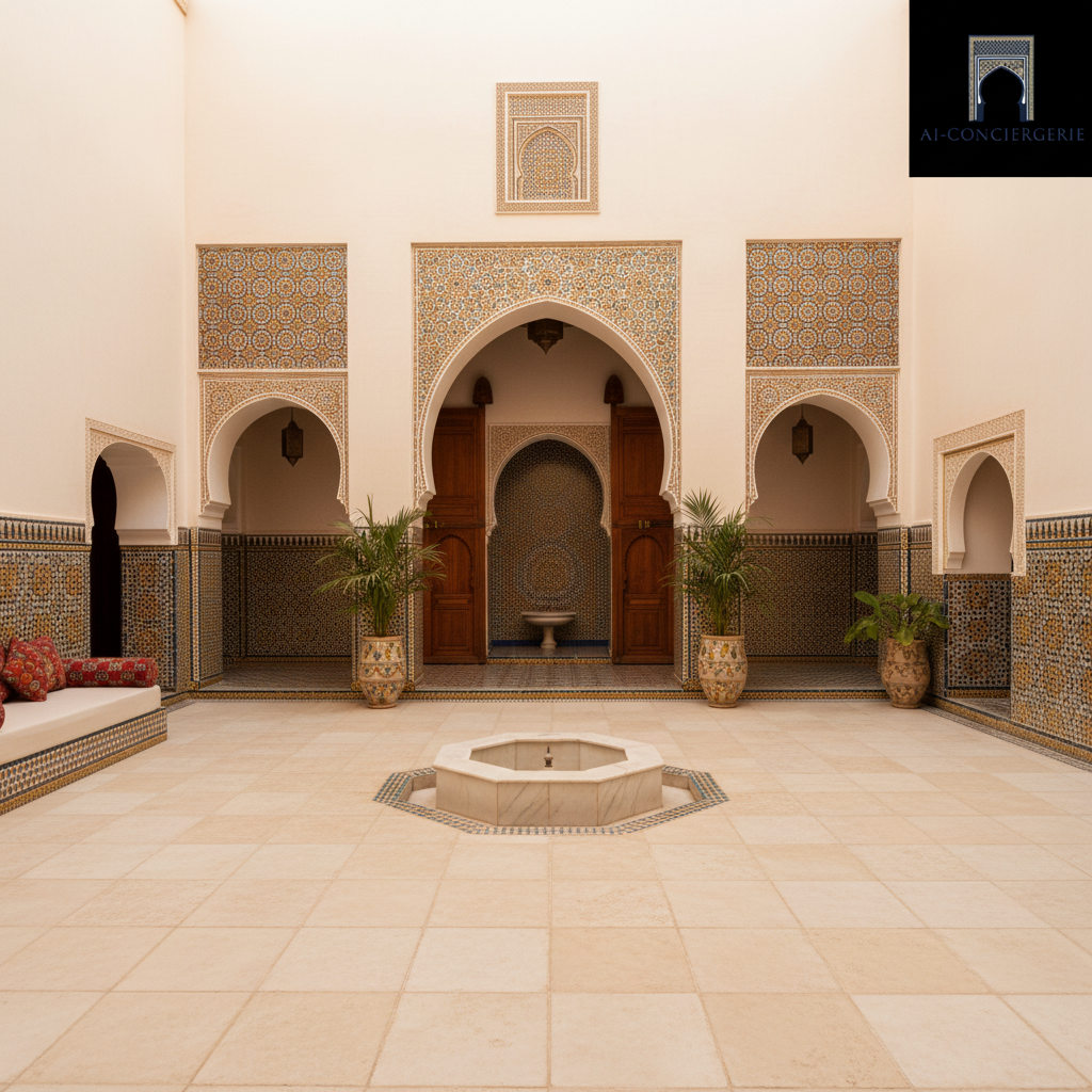 Cour intérieure d'un riad marocain avec arches, zellige et fontaine